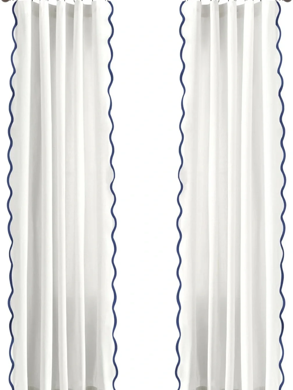 White Sheer Curtain Panels with Navy Scalloped Edge